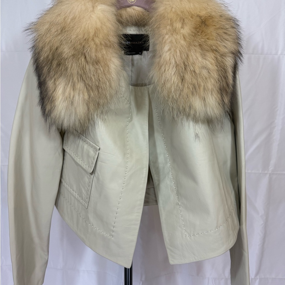 BCBGMaxAzria Off-White Leather Jacket with Tan Fur Collar